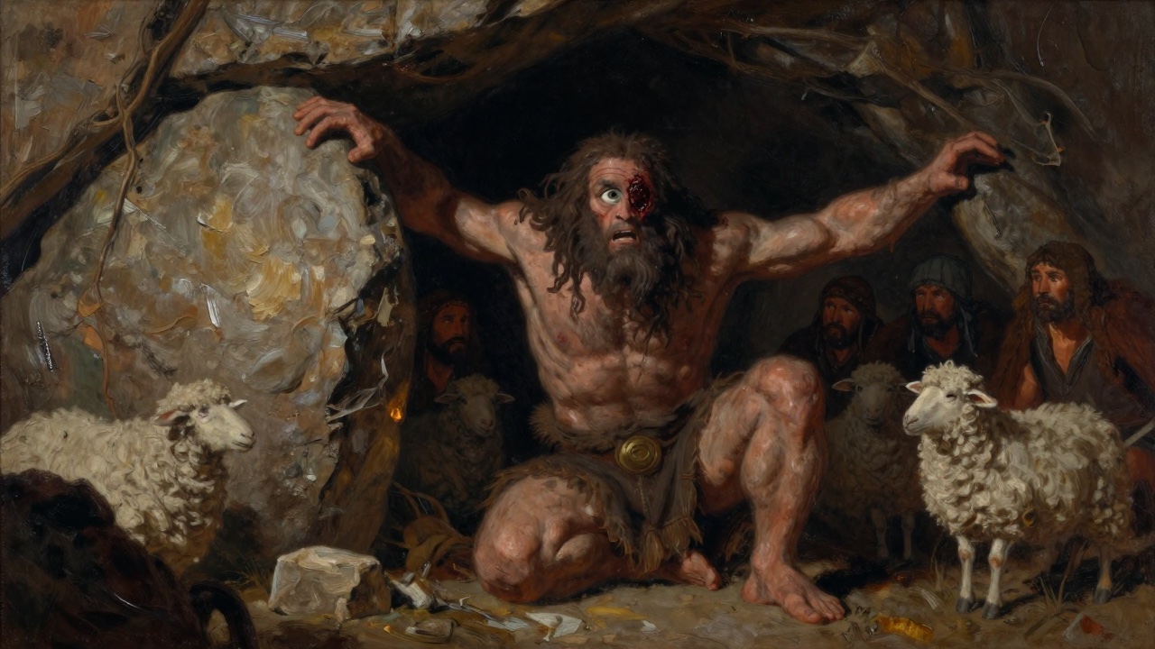 AI-generated still of the blinded Cyclops groping for the cave door, with an open eye still on his face