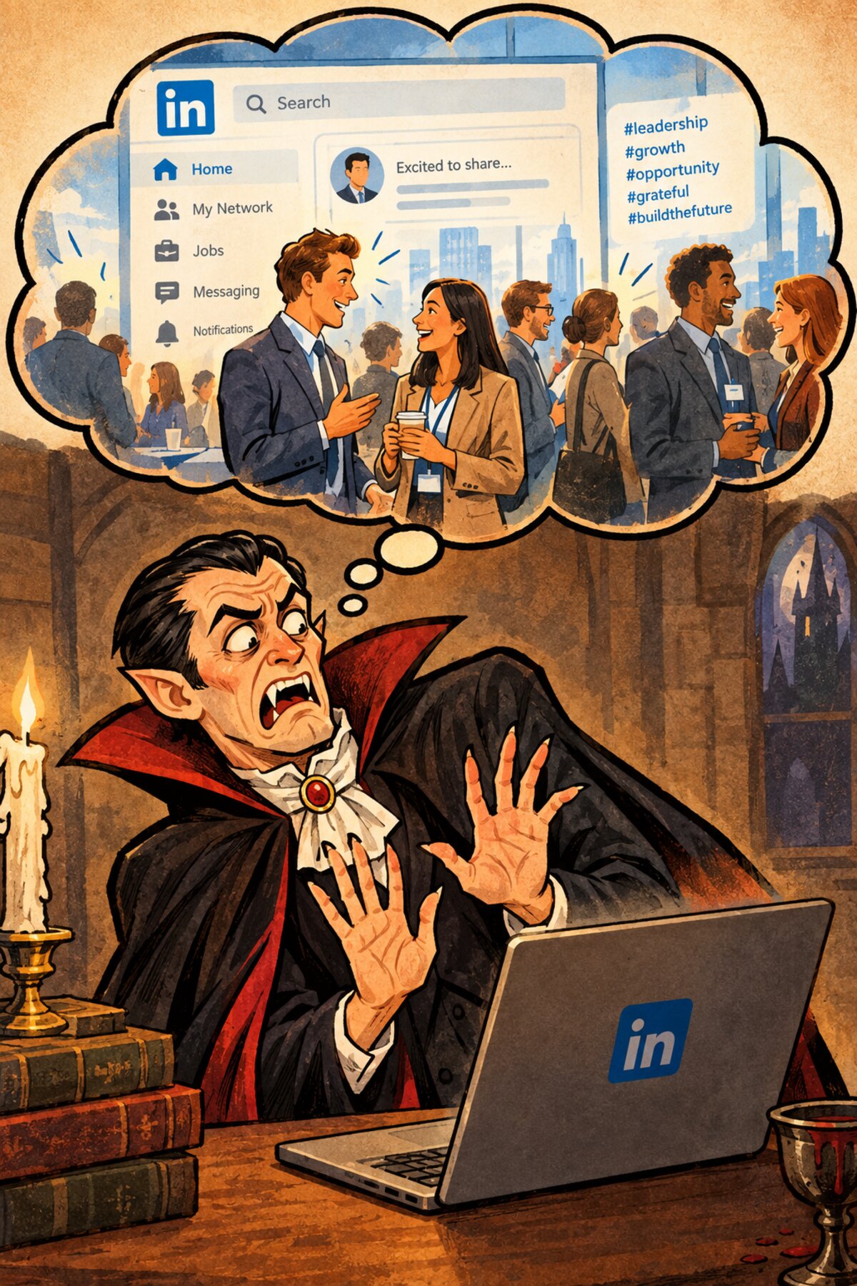 A vampire recoiling in horror from a laptop open to LinkedIn, imagining a networking event full of hashtags