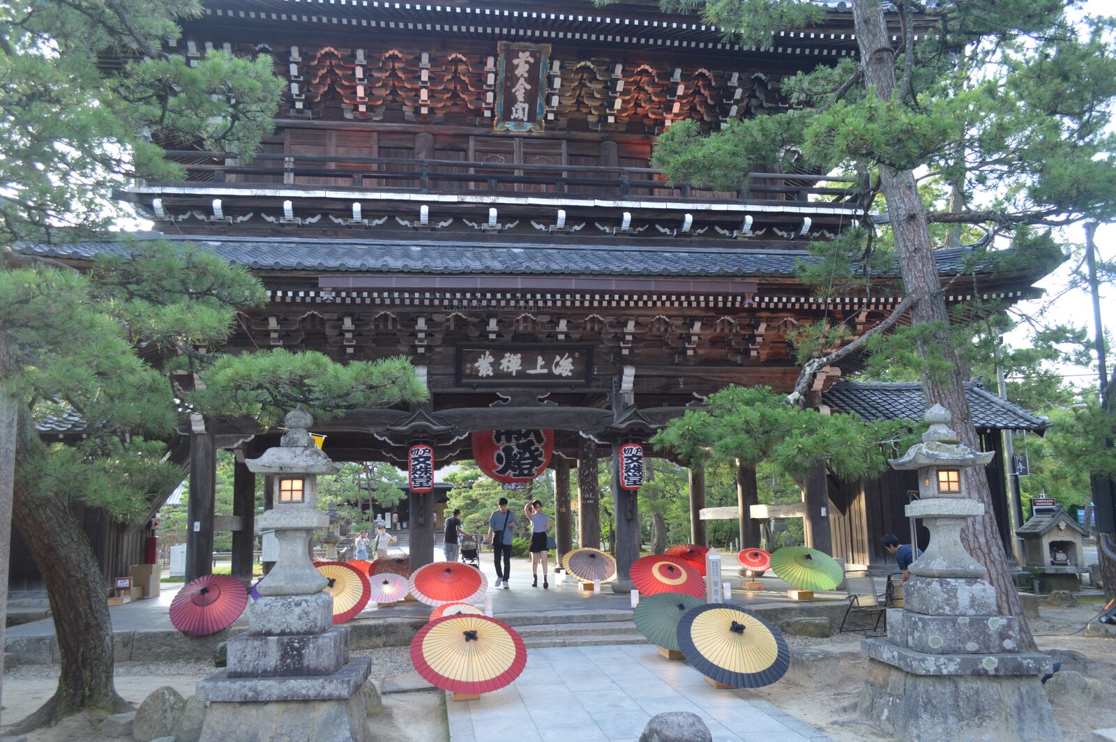The gate of Chion-ji at Amanohashidate, hung with lanterns and paper umbrellas