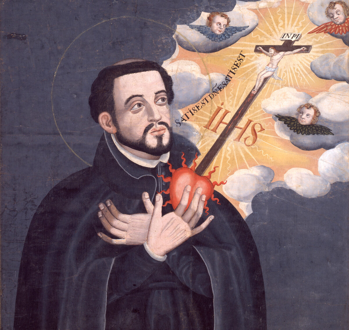 Seventeenth-century Japanese portrait of Francis Xavier, hands crossed over a burning heart
